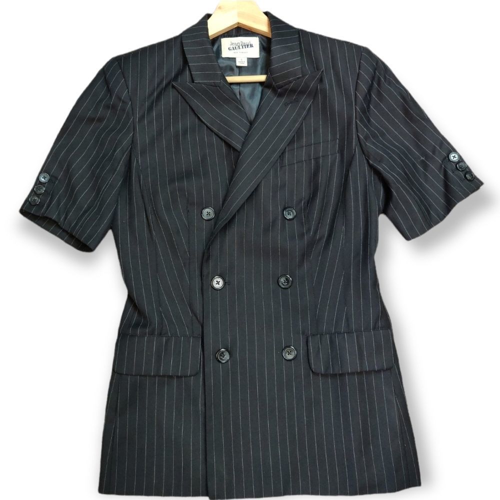 💥 JEAN PAUL GAULTIER TARGET BLUE BLACK PIN STRIPE SHORT SLEEVE BLAZER JACKET S